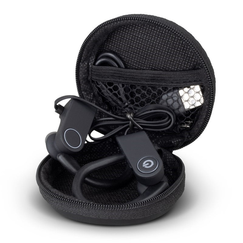 Bluetooth Earbuds in Black with neck strap and silicone hooks, designed for runners and active lifestyles, featuring 10-hour playtime.
