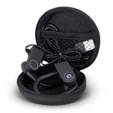 Bluetooth Earbuds in Black with neck strap and silicone hooks, designed for runners and active lifestyles, featuring 10-hour playtime.