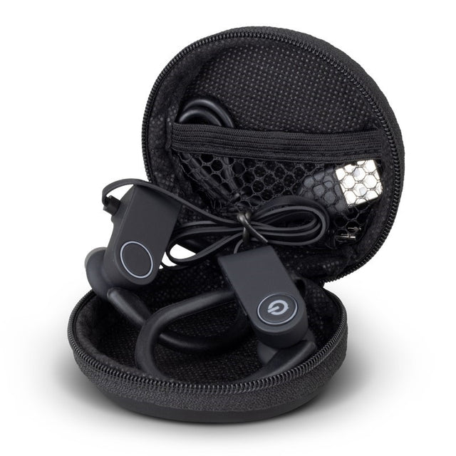 Bluetooth Earbuds in Black with neck strap and silicone hooks, designed for runners and active lifestyles, featuring 10-hour playtime.