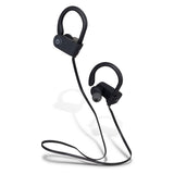 Bluetooth Earbuds Runner in black with neck strap, silicone hooks, up to 10 hours playtime, ideal for active lifestyles.