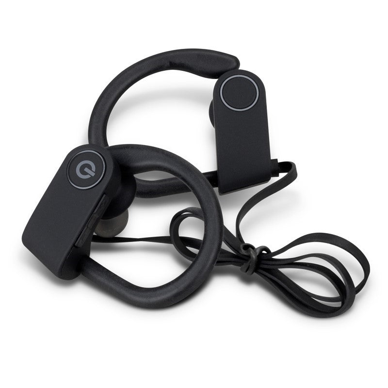 Bluetooth Earbuds - Runner (Black) with neck strap, silicone hooks, and 10-hour playtime, ideal for active lifestyles.