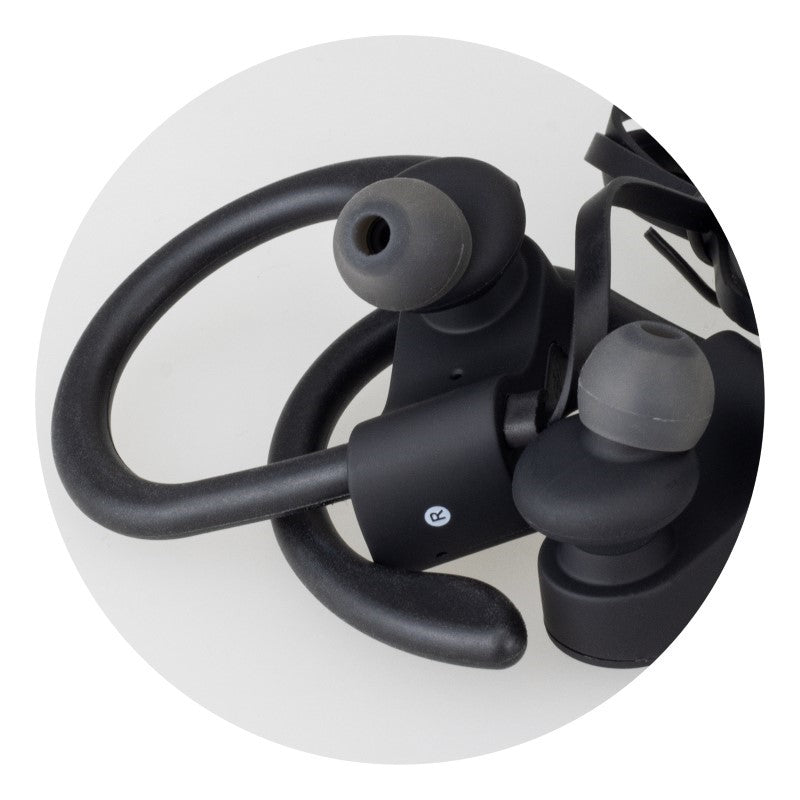 Bluetooth Earbuds - Runner (Black) with neck strap, silicone hooks, 10-hour playback, and built-in controls for active lifestyles.