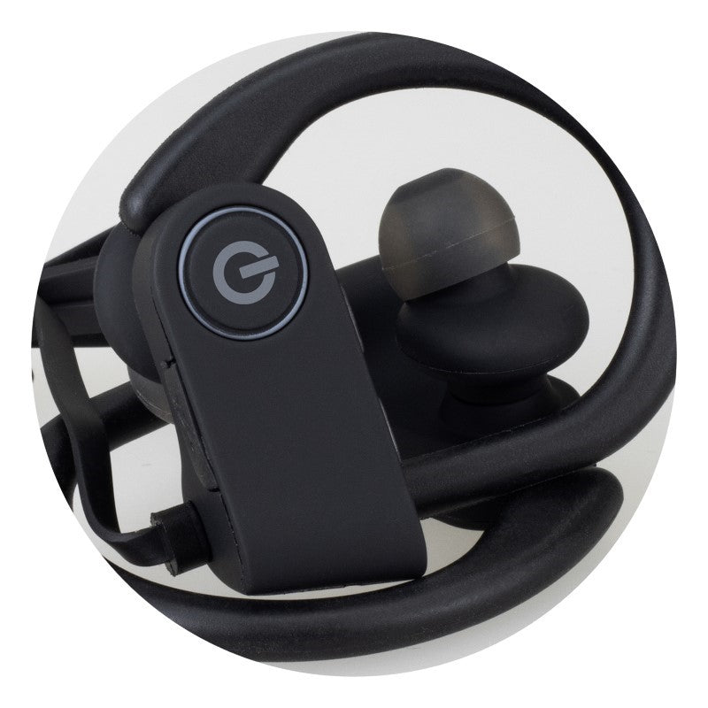 Bluetooth Earbuds - Runner (Black) for active lifestyles, featuring a secure neck strap, silicone hooks, and up to 10 hours of playback.