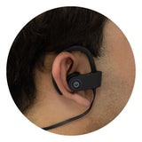 Bluetooth earbuds with neck strap and silicone hooks, offering 10 hours of playback and built-in controls for active lifestyles.