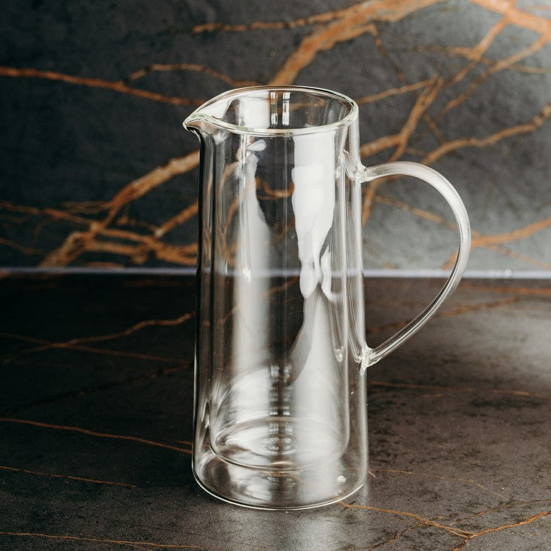 Elegant 730ml Keepsake Onsen water jug in clear borosilicate glass with double-walled insulation, perfect for stylish hydration.