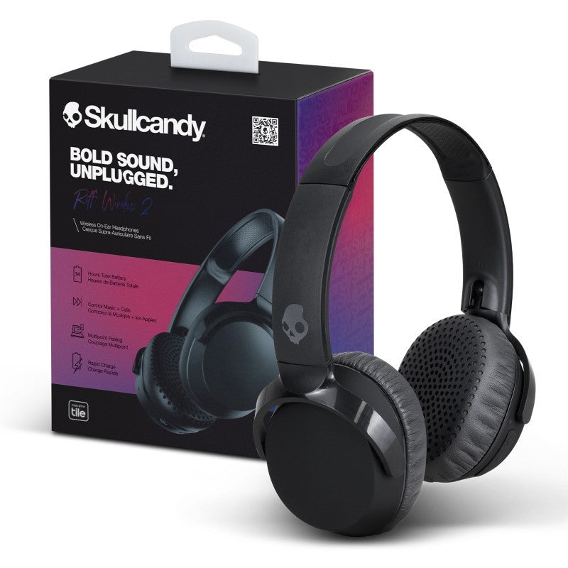 Sleek black Skullcandy Riff 2 wireless headphones with 34-hour battery, dynamic sound, and intuitive controls.
