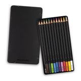 Moleskine art sketching kit featuring a black hardcover notebook, 12 watercolor pencils, and stylish bookmark ribbon.