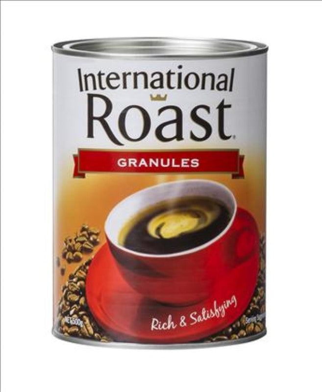 500g pack of International Roast coffee granules, featuring a mild flavor and quick-dissolving instant coffee for easy brewing.