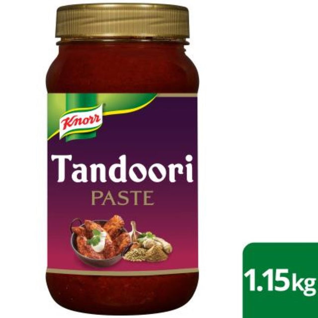 Knorr Pataks Paste Tandoori 1.15KG, a medium spice blend for marinating meats and veggies, features lemon, tamarind, and aromatic spices.