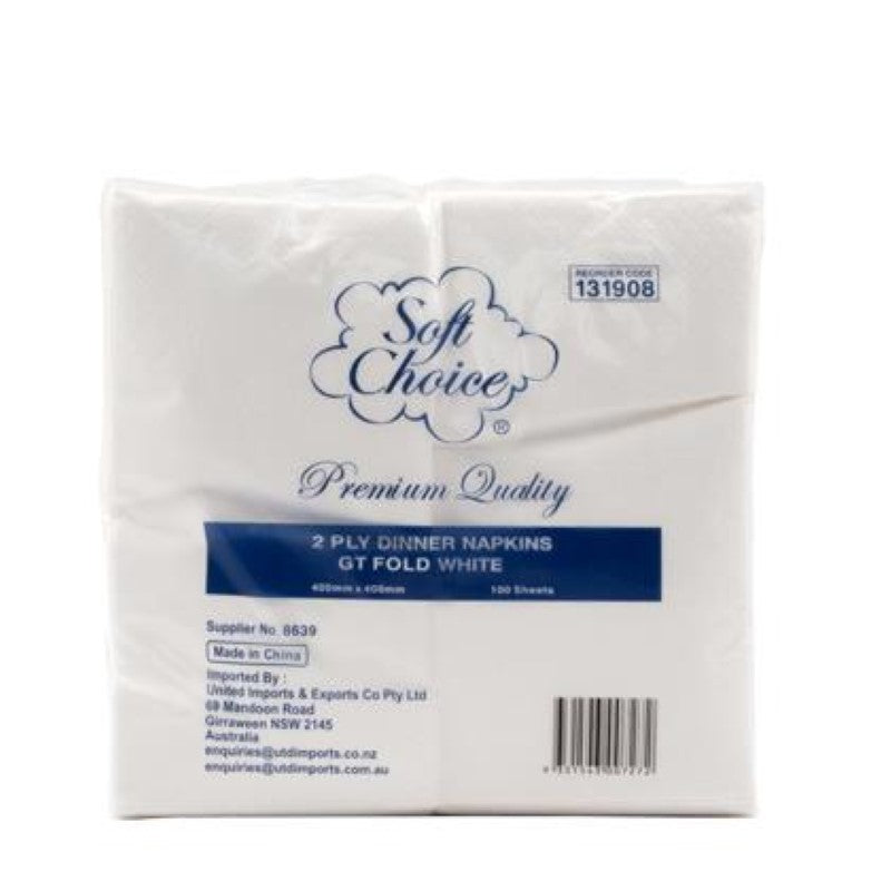 Premium 2-ply white dinner napkins in a 100PC pack, perfect for enhancing any dining occasion with style and absorbency.