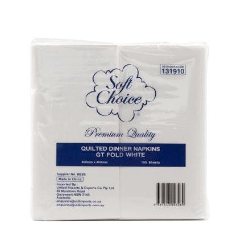 Pack of 100 quilted white dinner serviettes from Soft Choice, perfect for stylish and practical dining occasions.