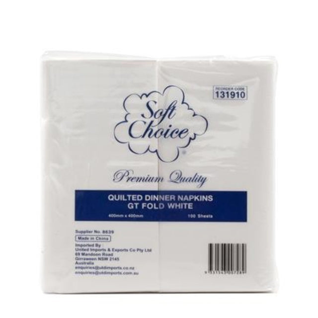Pack of 100 quilted white dinner serviettes from Soft Choice, perfect for stylish and practical dining occasions.