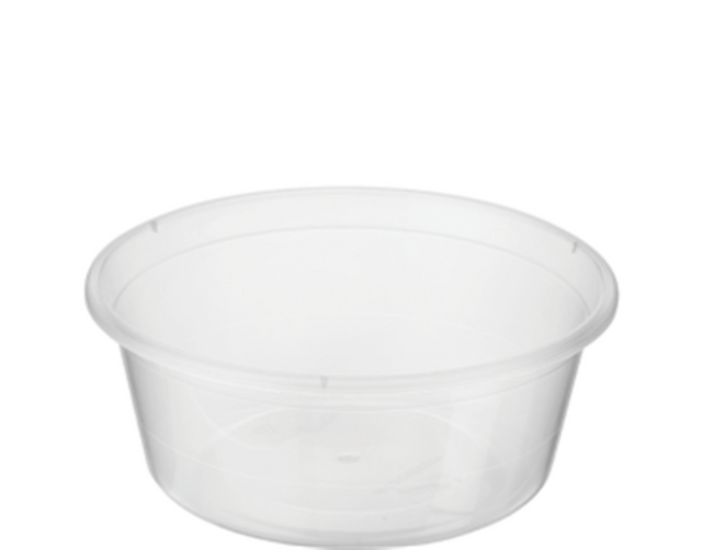 Clear plastic round takeaway containers, 280ml, pack of 100, microwave-safe, ideal for hot and cold food storage.