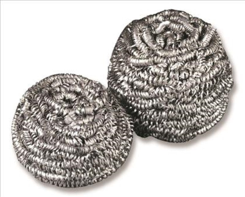 Stainless steel Scotch Brite scourer ball for effective cleaning of tough messes without scratching cookware. 49g, durable, and lightweight.
