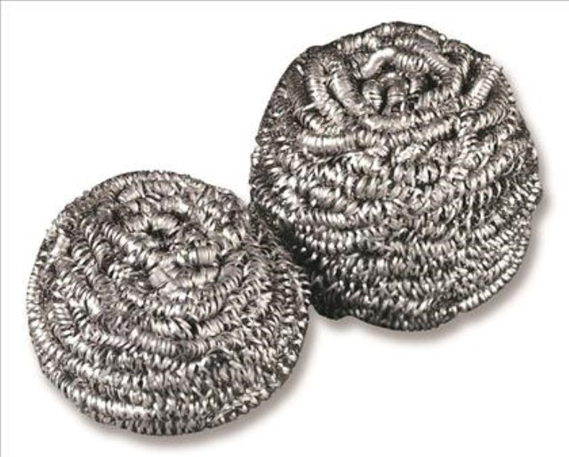 Stainless steel Scotch Brite scourer ball for effective cleaning of tough messes without scratching cookware. 49g, durable, and lightweight.
