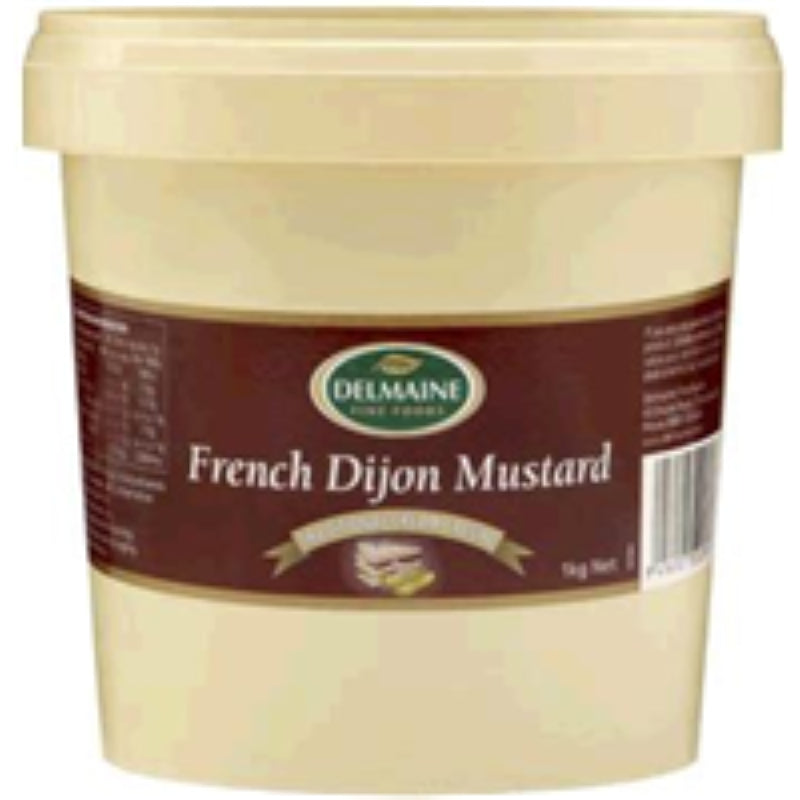 Delmaine Mustard Dijon in a 1KG jar, showcasing its light color and robust, zesty flavor, perfect for enhancing dishes.