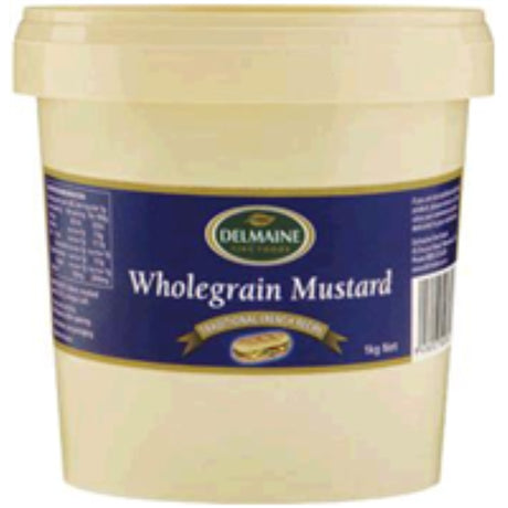 Mustard Wholegrain by Delmaine, 1KG pack of whole black and brown seeds for flavorful dressings and marinades.