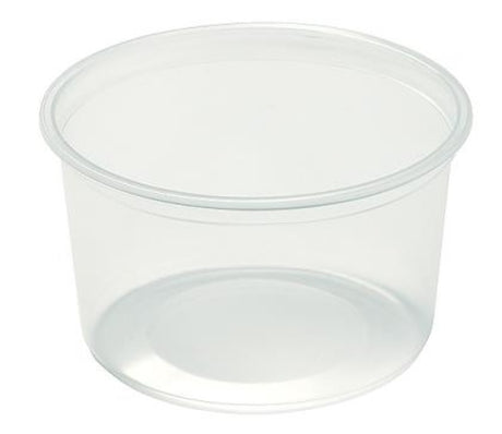 Clear round plastic container (550ml) made from BPA-free polypropylene, ideal for food storage, sold in packs of 50.