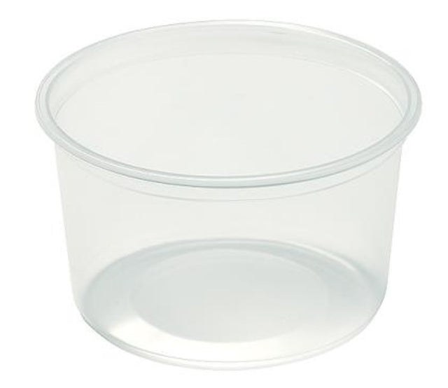 Clear round plastic container (550ml) made from BPA-free polypropylene, ideal for food storage, sold in packs of 50.