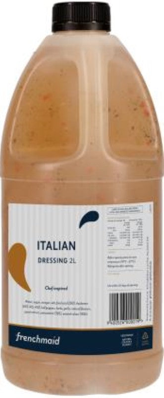 Clear 2L bottle of Frenchmaid Italian dressing, featuring zesty herbs and spices for enhancing salads and marinades.