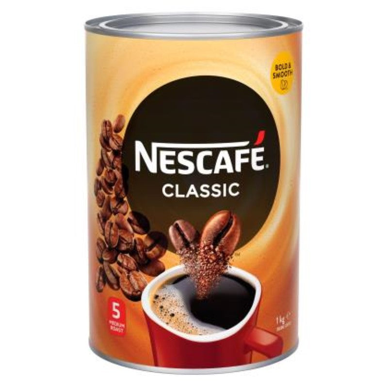 Richly aromatic Nescafe Coffee Classic 1KG made from medium-dark roasted Robusta beans, perfect for any coffee lover.