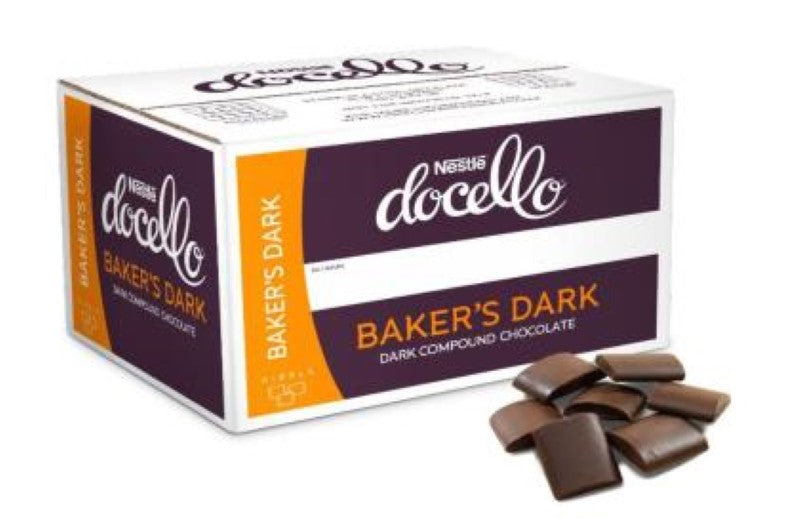 Premium 5KG dark chocolate kibble by Nestle Docello, perfect for baking cookies, truffles, and desserts.