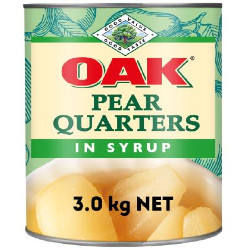 Oak Pear Quarters in syrup, 3KG can, perfect for desserts and pastries, sourced from New Zealand for premium quality.