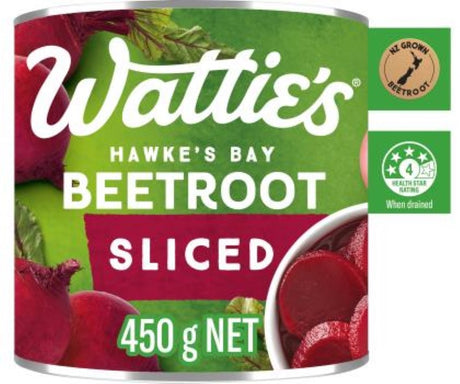 Wattie's 450G sliced beetroot, vibrant red, ideal for salads, snacks, and gourmet dishes, sourced from New Zealand.