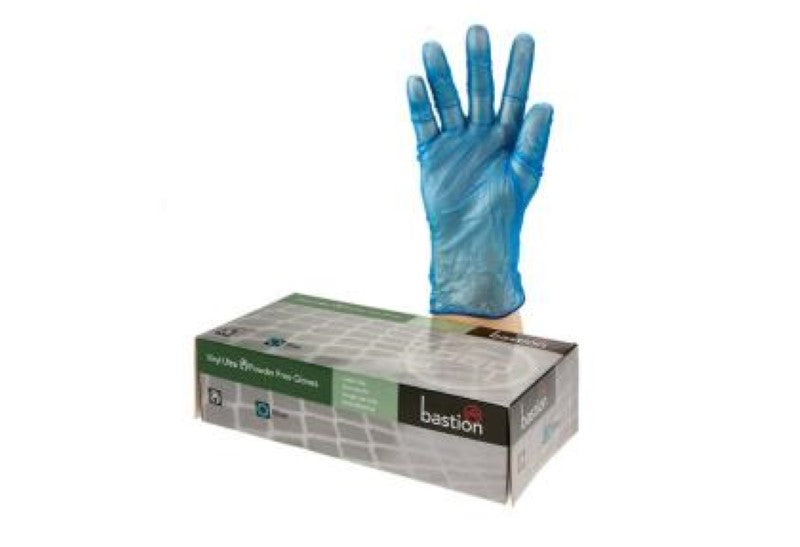 Blue vinyl gloves, powder-free, large size, 100 count; ideal for safety in medical, food, and industrial settings.