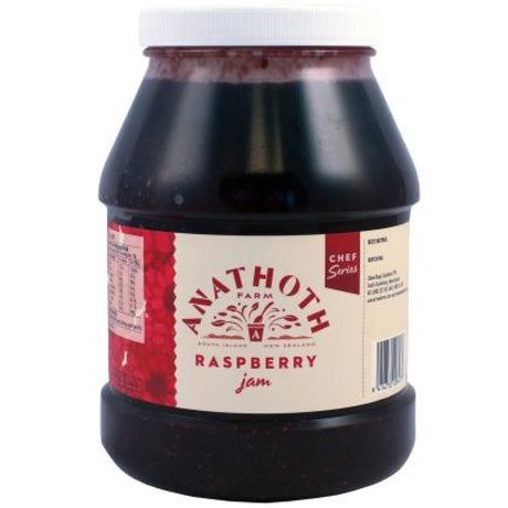 Bright red Anathoth raspberry jam in a 2.8KG jar, perfect for breakfast and baking, made from fresh New Zealand raspberries.