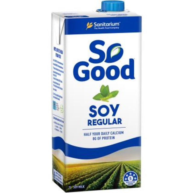 Carton of So Good Milk Soy 1L, a creamy, nutritious dairy-free milk alternative made in Australia with 88% local ingredients.