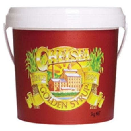 5KG pack of Chelsea Golden Syrup, rich in caramel and fudge flavor, ideal for enhancing baked treats and desserts.