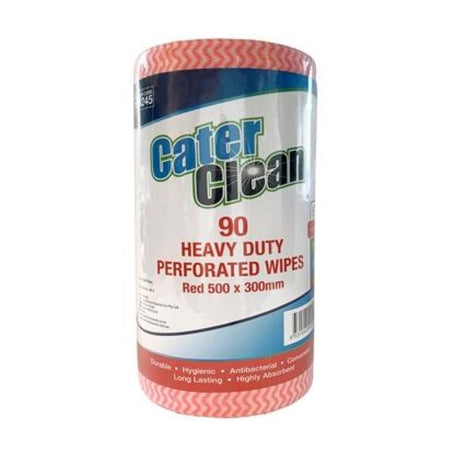 Heavy duty red cleaning wipes, perforated for easy use, ideal for tackling grease and spills; 90 wipes in a pack.