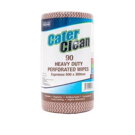 Heavy-duty perforated brown cleaning wipes for surfaces, perfect for cafes and kitchens; 90 pieces per pack.