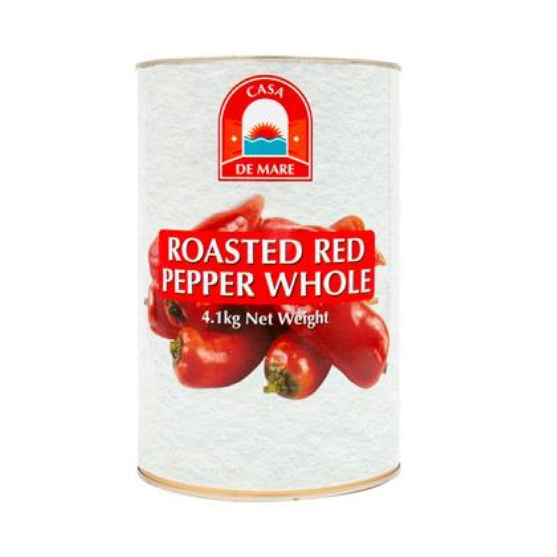 Whole roasted red peppers from Casa De Mare, 4.1KG, sourced from Turkey, perfect for Mediterranean recipes and gourmet dishes.