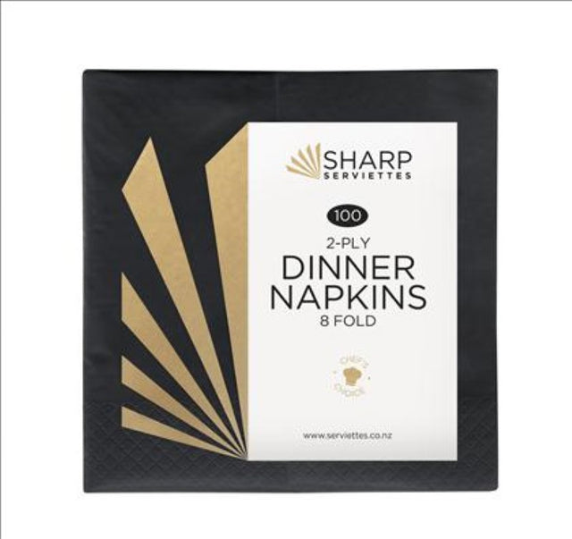 Elegant black 2-ply napkins with 8-fold design, pack of 125, perfect for formal dining and special events.