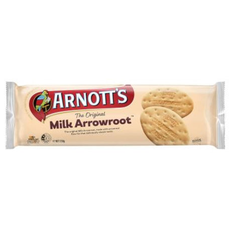 Arnott's Milk Arrowroot Biscuits 250G pack, featuring light, crunchy texture and classic flavor, made in Australia since 1888.