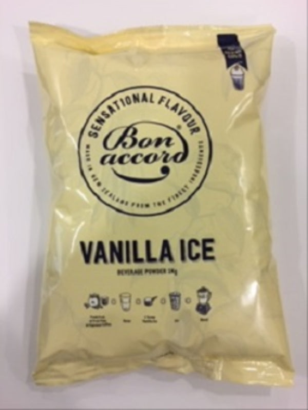 Creamy Bon Accord Vanilla Ice Beverage Powder in a 1KG pack, perfect for crafting frappes, smoothies, and shakes.