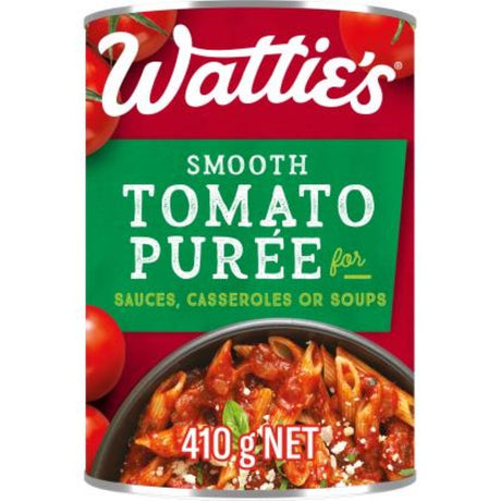 Rich, gluten-free Wattie's Tomato Puree in a 410G can, perfect for soups, sauces, and enhancing meals.