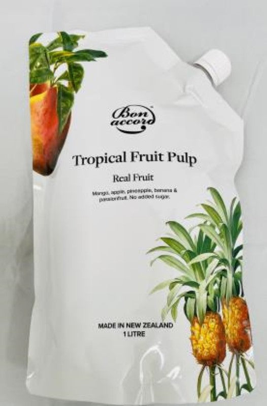 Tropical Smoothie Mix by Bon Accord in a 1L bottle, made with real fruit pulp and no added sugar, perfect for beverages and baking.