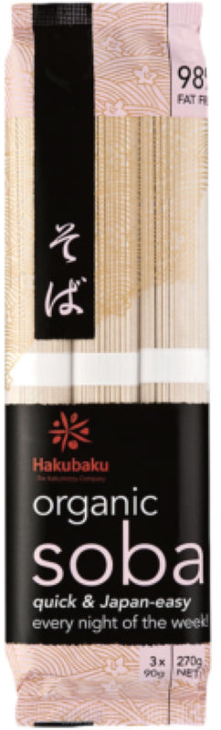 Organic buckwheat soba noodles by Hakubaku, 270g, featuring a rich brown color and nutty flavor for versatile dishes.