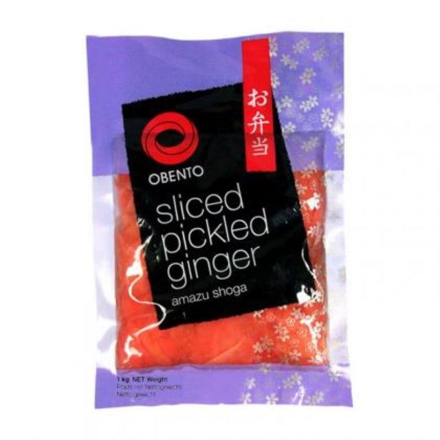 Ginger Pickled Sliced by Obento, 1KG pack of pink Amazu Shoga, perfect for sushi and enhancing Asian dishes with sweet tang.