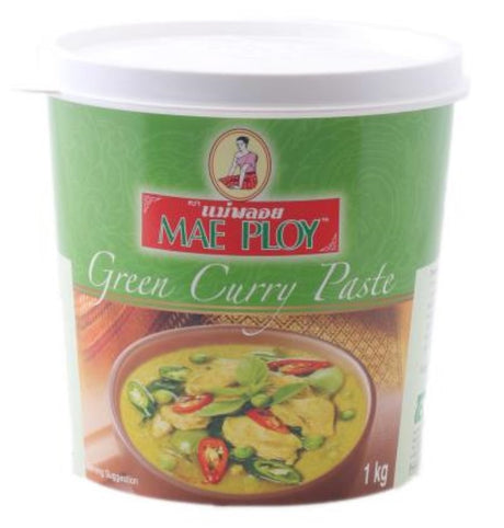 Green Curry Paste by Mae Ploy in a 1KG pack, made with fresh green chillies for authentic Thai heat and flavor.