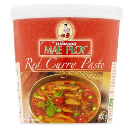 A 400g jar of Mae Ploy Paste Curry Red, featuring rich red chilies and authentic Thai spices for delicious curry dishes.