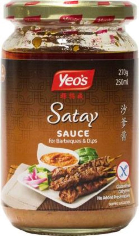 Rich and creamy Yeo's Satay Sauce in a 250g jar, perfect for marinating, dipping, or enhancing any dish with Malaysian flavor.