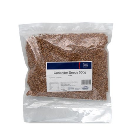 Whole coriander seeds in a 500g pack, sourced from India, ideal for enhancing flavors in cooking.