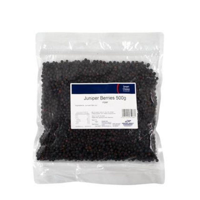 Whole dried juniper berries from Smart Choice, 500g pack, ideal for enhancing meats, pickles, and pates.