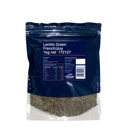 Green French/Puy lentils in a 1KG pack, rich in protein and fiber, perfect for healthy cooking and versatile recipes.