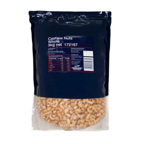 Crunchy 3KG Smart Choice whole cashew nuts, ideal for snacking, cooking, and baking, packed for freshness and flavor.