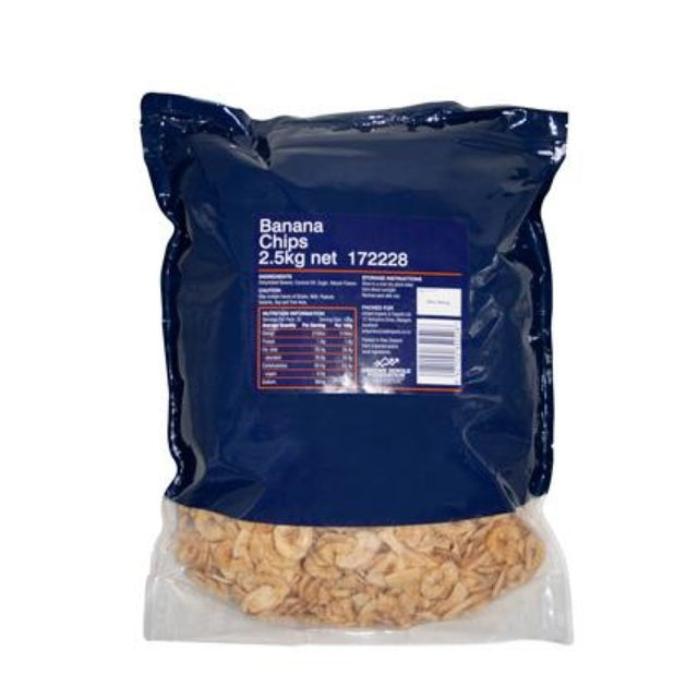 Crispy golden banana chips in a 2.5KG bag, offering a sweet and wholesome snack for any occasion.